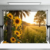 Aperturee - Aperturee Sunflower Fence Trees Summer Field Photo Backdrop